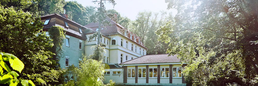 Blick auf Mariaspring aus dem hauseigenen Garten im Sonnenschein